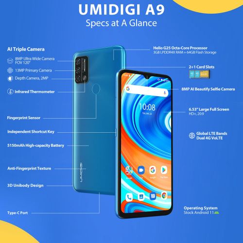 UMIDIGI A9 Android 11 Infrared Temperature Sensor (13MP+8MP+2MP)+8MP 6.53-Inch (3GB,64GB ROM)5150mAh Global Version-Granite Grey - Image 3
