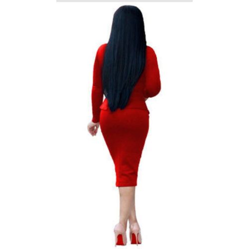Red Long Sleeve Elegant Body con Midi Dress - Image 2