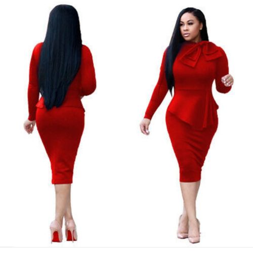 Red Long Sleeve Elegant Body con Midi Dress - Image 3