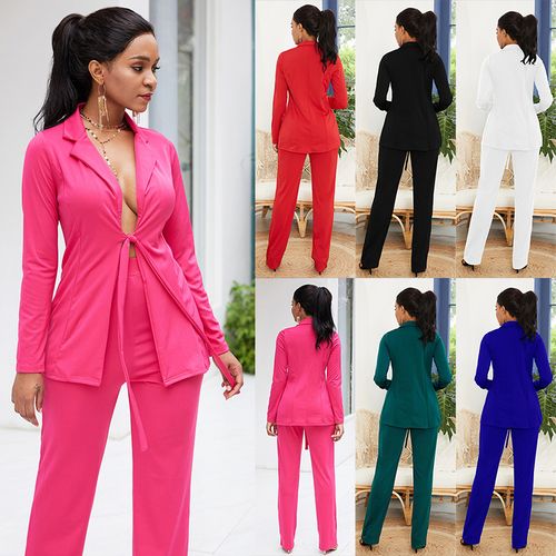 Women Solid Shirt Pants Set Open Front Tied Waist - Image 4