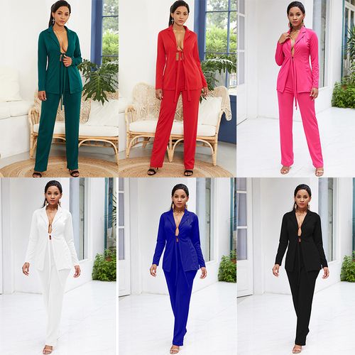 Women Solid Shirt Pants Set Open Front Tied Waist - Image 3