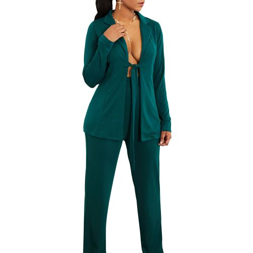 Women Solid Shirt Pants Set Open Front Tied Waist - Image 2