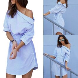 Women’s Summer Dress Stripe Belt Slant...