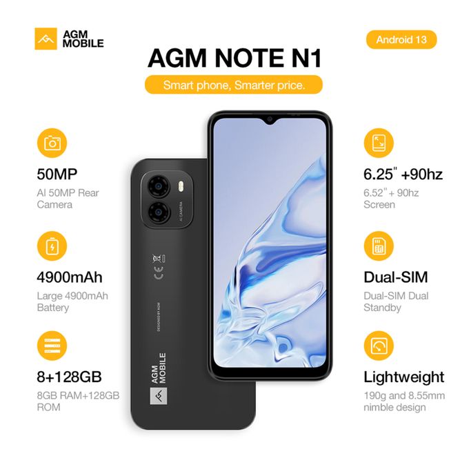 AGM Note N1 6.52" 8GB Base RAM/8GB Extended RAM/128GB ROM Android 13 - Grey - Image 2