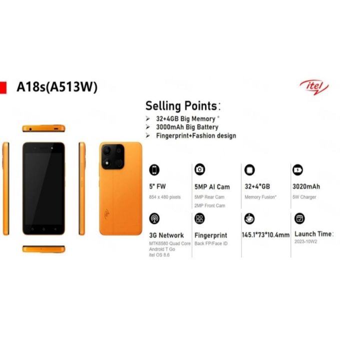 itel A18S 5.0" 32GB ROM + Up To 4GB RAM, 5MP, Android 13 - Orange - Image 3